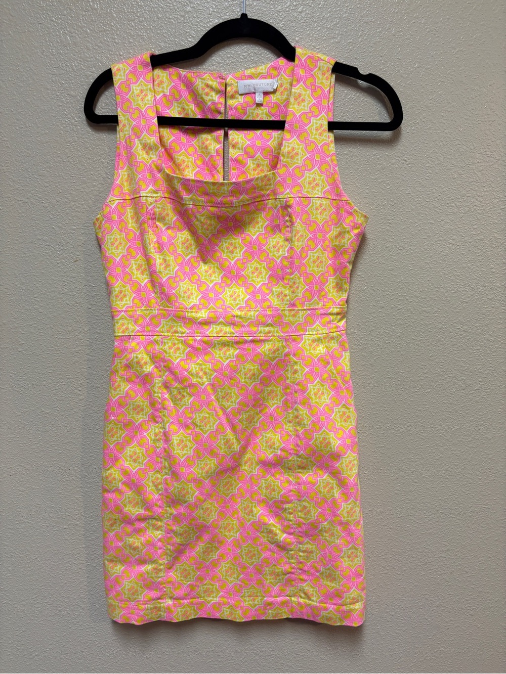 MM Couture Pink and Yellow Patterned Sleeveless Sheath Dress